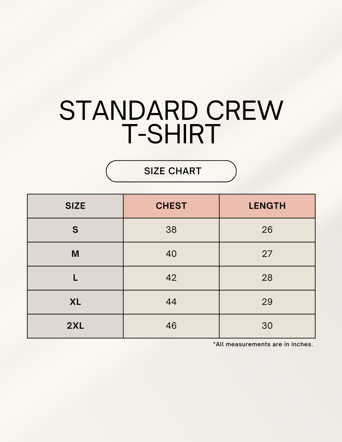 Unisex classic tee size chart
