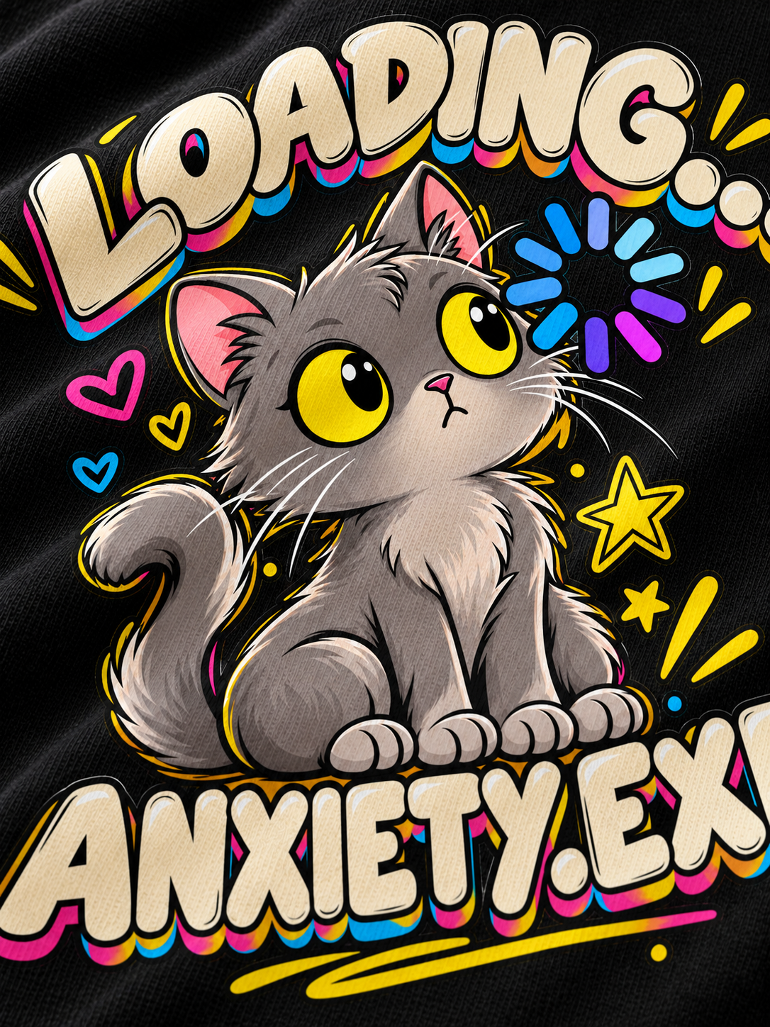 Anxiety.exe cat tee, print and fabric close-up